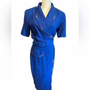 80s Vintage Blue Wrap Dress With Rainbow Embroidery and Matching Belt Size 8
